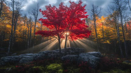 Radiant Autumn Sunrise Illuminating Crimson Maple Amongst Golden