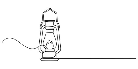 Abstract vintage kerosene lamp or lantern continuous one line art vector illustration, Kerosene lantern one line continuous. Line art paraffin lamp. Hand drawn vector art,  Camping backpack vector pro © SREESADHIN