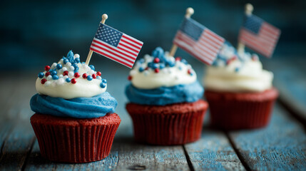 Cupcakes decorated in red, white, and blue with flags