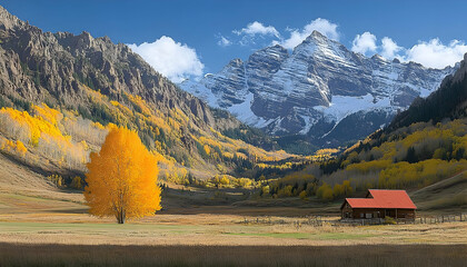 Maroon Bells Peaks Overlook Cabin with Golden Aspen Tree in Autu