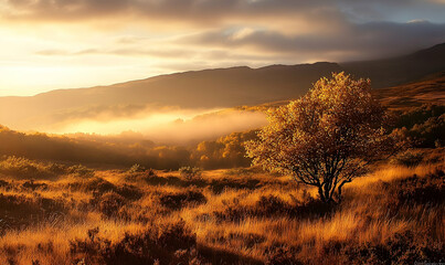 Golden Sunrise Illuminates Solitary Tree in Misty Highland Valle