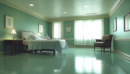 Sterile hospital room with medical equipment and bright window l