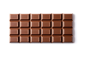 Fototapeta premium Top view of a milk chocolate bar with square segments. Smooth and glossy milk chocolate bar isolated on white background, viewed from above — perfect for confectionery, food ads, or dessert menus.