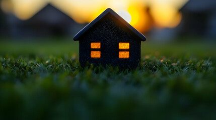 Illuminated Miniature House at Sunset in Grass