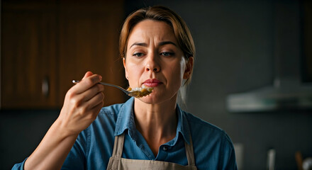 A woman in an apron tastes food from a spoon with a discerning expression evaluating the flavor. Use for culinary blogs recipe testing or food product reviews