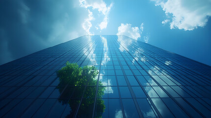 Skyscraper Reflecting Sky and Tree, Low Angle View, Modern Archi