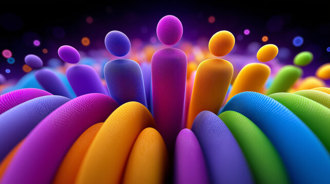 Reihe bunter 3D-Figuren in verschiedenen Farben stehen nebeneinander vor dunklem Hintergrund