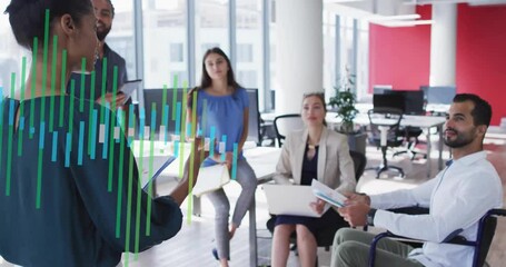 Woman presenter presenting reports to business team while reviewing tablet data and sliding charts - Powered by Adobe