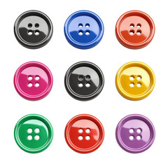Nine colorful shiny buttons four holes each displayed on black background