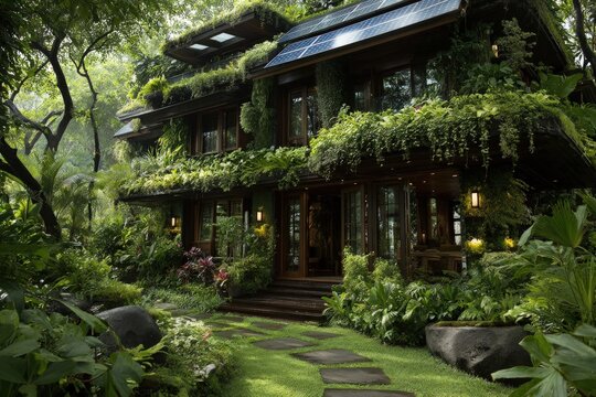 Eco-Friendly Green House with Solar Panels - Powered by Adobe