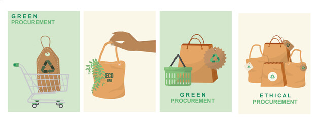 Green procurement eco shopping banner template. Sustainable business ethical purchasing concept poster. Corporate responsibility recycling bags for marketing presentations. Vector illustration