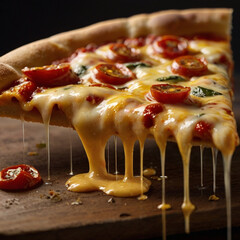 Slice of Pizza with Stretching Melted Cheese Close-Up