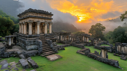 Ancient Stone Temple at Sunrise, Misty Mountain Setting