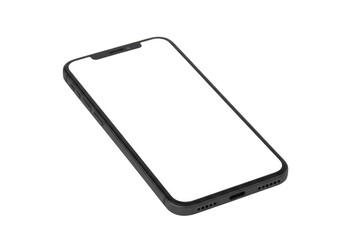 Modern black smartphone with rounded corners, blank white screen, and notch, isolated on a seamless transparent background with copy space, clean studio light, slightly high angle, concept for mobile