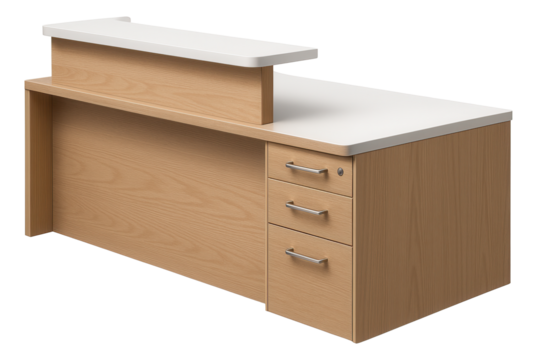 Reception desk with a lockable drawer system for secure storage of personal items in a home setting.