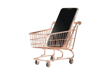 Mini rose gold shopping cart with smartphone.