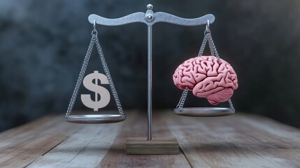 A balance scale with a brain and money