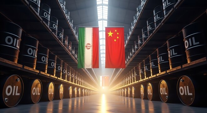 Oil barrels in storage facility with Iran and China flags design