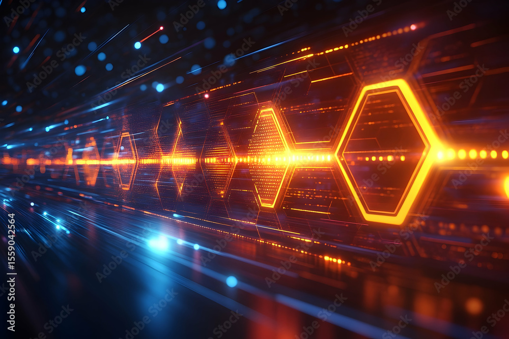 Wall mural futuristic hexagon data stream tunnel with glowing orange lines