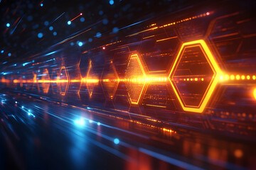 Futuristic Hexagon Data Stream Tunnel with Glowing Orange Lines