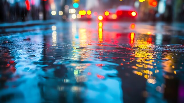 Rainy street with reflection of neon lights, evening mood