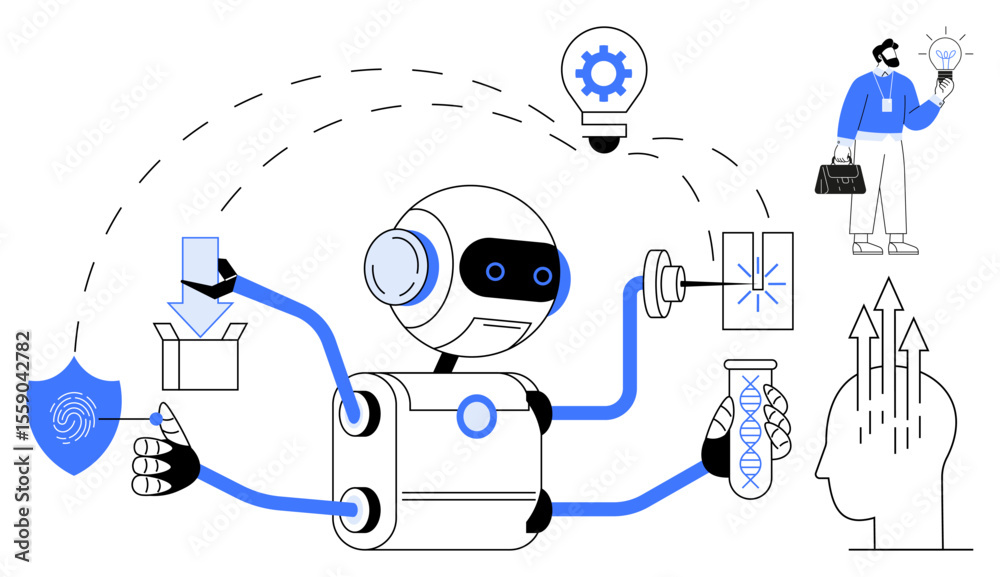 Poster robot multitasking with lab flask, dna, and data upload. human holding lightbulb. ideal for ai, inno