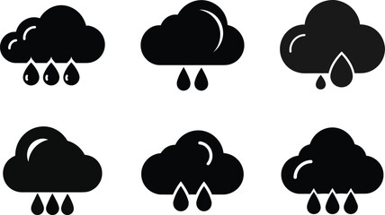 A vector illustration set features black silhouettes weather forecast icons of sun, cloud, rain, and snow symbols