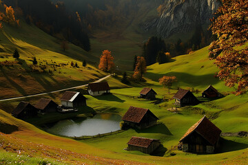 Autumnal Meadow with Rustic Farmhouses and a Serene Pond