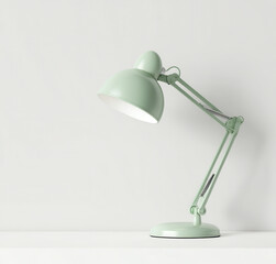 Elegant pastel green desk lamp illuminating a clean workspace on a soft white background for a stylish and minimalistic office atmosphere