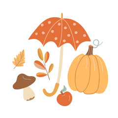 Hand drawn autumn illustration with umbrella, pumpkin, apple, mushroom, and fall leaves. Perfect for seasonal greeting cards, fall decor, and cozy autumn designs