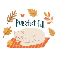 Cute fall illustration with a cream cat sleeping on a striped rug, surrounded by autumn leaves and the phrase Purrfect fall.  Ideal for greeting cards, posters, or cozy seasonal decor
