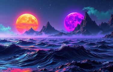 Fototapeta premium Enchanted Landscape with Colorful Suns and Dramatic Mountains at Dusk