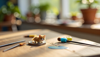 Tiny kitten model with paintbrushes and paint tubes on rustic desk &ndash; macro top-down photo for craft, DIY, animal miniatures, creative hobby or handmade art concepts