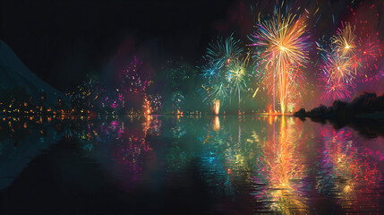 Fireworks exploding above a lake, colorful reflection