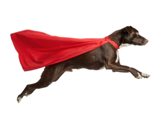 Superhero dog soaring through the air with a vibrant red cape showcasing the playful spirit of adventure and imagination