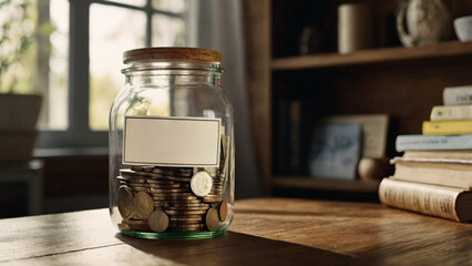 Transparent jar with assorted coins as home piggy bank. Money saving and budget concept.