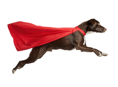 Superhero dog soaring through the air with a vibrant red cape showcasing the playful spirit of adventure and imagination