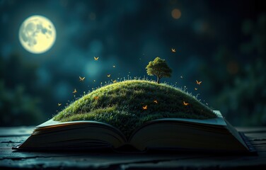 Naklejka premium Enchanted Book with Lush Landscape Under Moonlight Glow