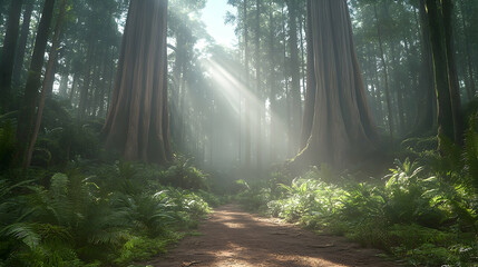 Sunlit Path Through Redwood Forest with Ferns and Towering Trees