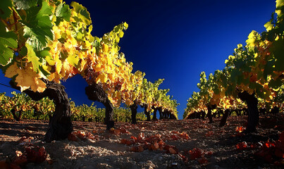 Autumnal Vineyard Rows Under Vivid Blue Sky