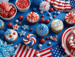 Obraz premium July 4th themed party decor flatlay with red, white, blue colors