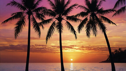 Dark palm silhouettes against colorful sunset sky and calm sea. Tropical summer vacation mood.