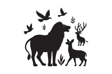 Silhouette of a lion deer and birds in a stylized natural setting