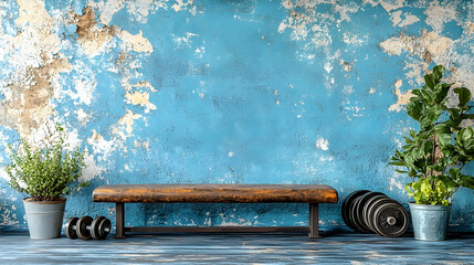 Rustic Wooden Bench Against Distressed Blue Wall with Plants and