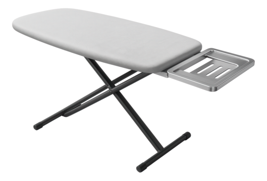 Ironing board with a retractable iron rest for convenient storage in an apartment closet