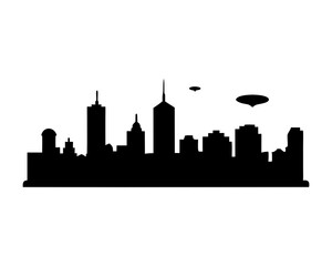 Naklejka premium Futuristic Cityscape Silhouette with UFO Sightings Over the Metropolis Skyline