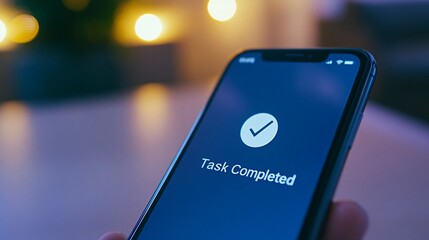 Mobile phone displaying task completed notification with blurred background
