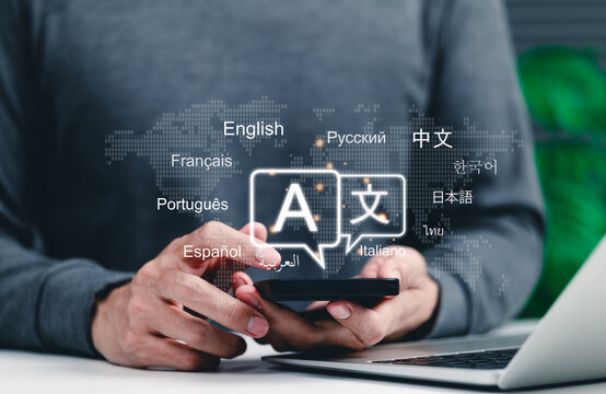 Multilingual Language Translation, Communication Concept. Man using phone with icons various languages, global language translate, multilingual technology, international connections, AI translator,