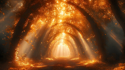 Golden Canopy: Sunlit Path Through Autumnal Forest Tunnel