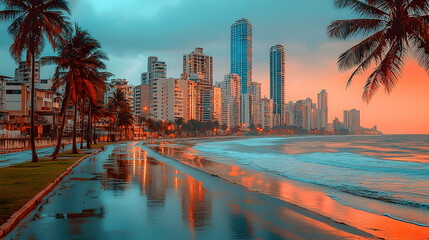 Coastal Cityscape at Sunrise: Palm Trees Frame Urban Beach Refle